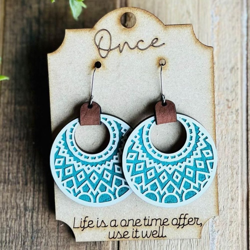 New wood engraved circle mandala turquoise earrings with positive affirmation